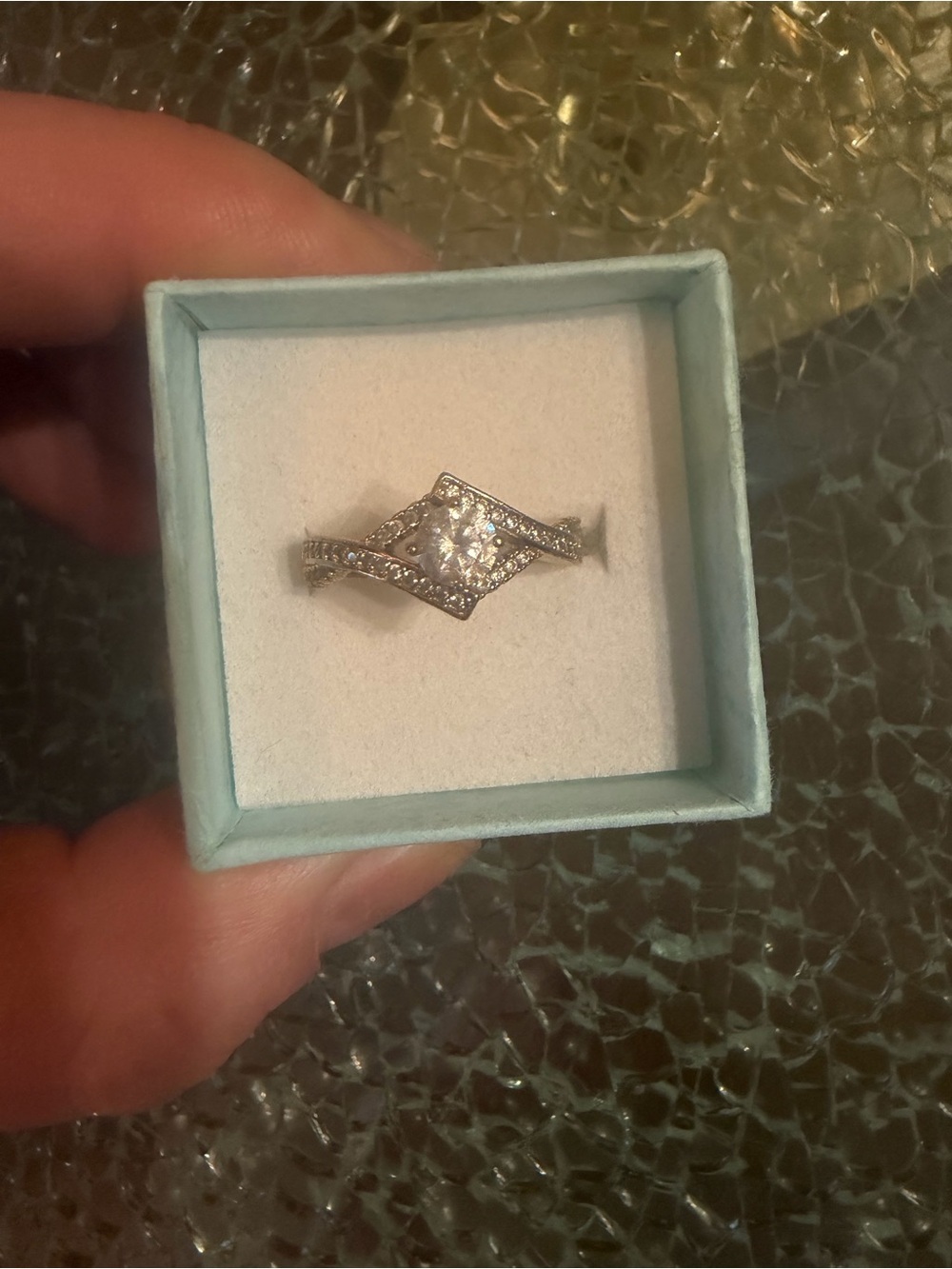 Silver Crystal Halo Engagement Ring - Silver